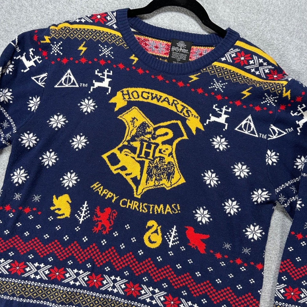 Harry Potter Sweater Hogwarts Unisex Medium Blue Festive Holiday Fair Isle